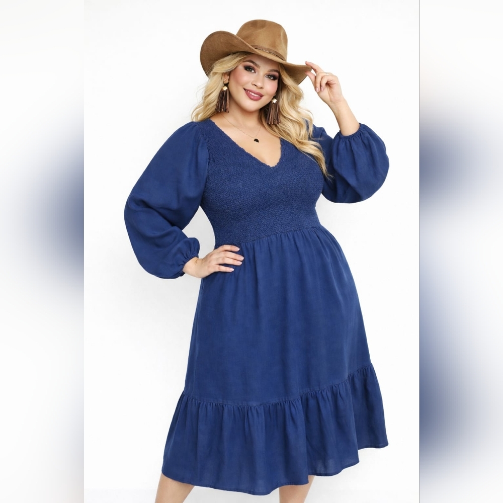 New Old Navy Dress Tencel Chambray Boho Flare Vneck Tiered Swing  Ruched Blouson